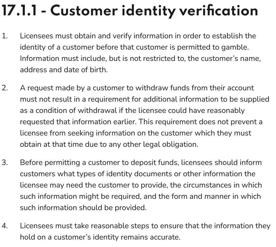 Casino verification UK: Gambling Commission licence condition 17.1.1 customer identity verification, full text