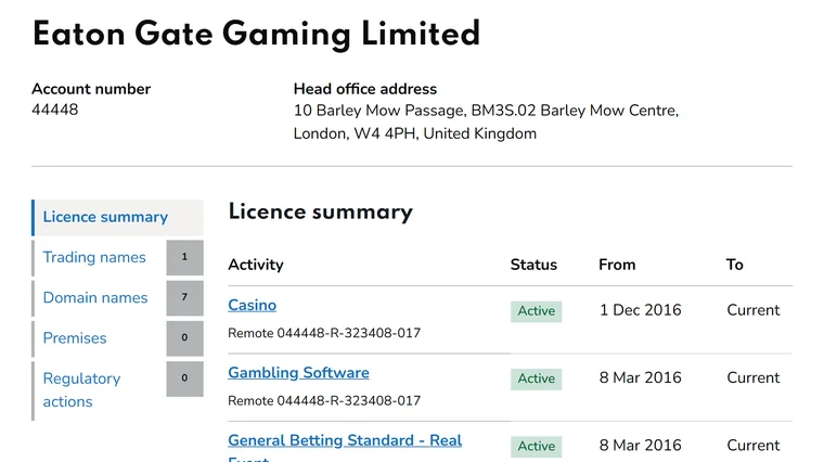 Casinos without UKGC fines: Eaton Gate Gaming Limited register entry, account 44448, casino licence since 1 December 2016, 0 regulatory actions