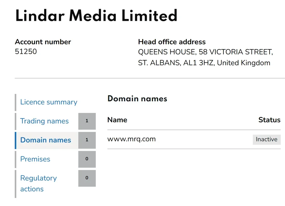 Gambling Commission register: Lindar Media Limited, account 51250, domain www.mrq.com marked Inactive