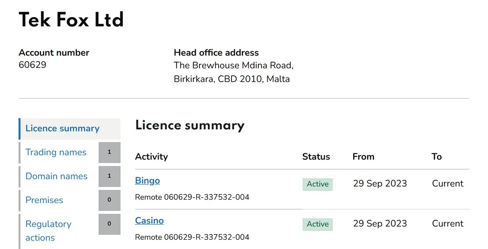 Gambling Commission register: Tek Fox Ltd, account 60629, remote bingo and casino licences active since 29 Sep 2023