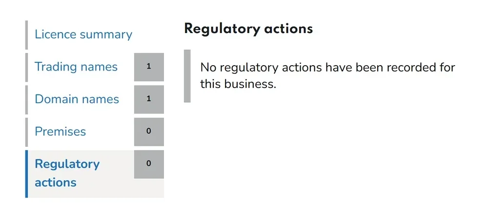 Gambling Commission register: regulatory actions tab for Tek Fox Ltd showing no regulatory actions recorded