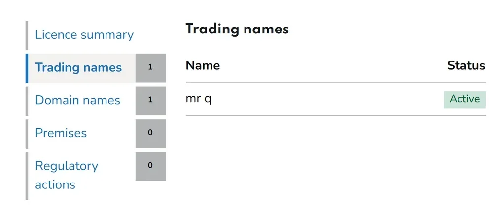 Gambling Commission register: trading names tab for Tek Fox Ltd