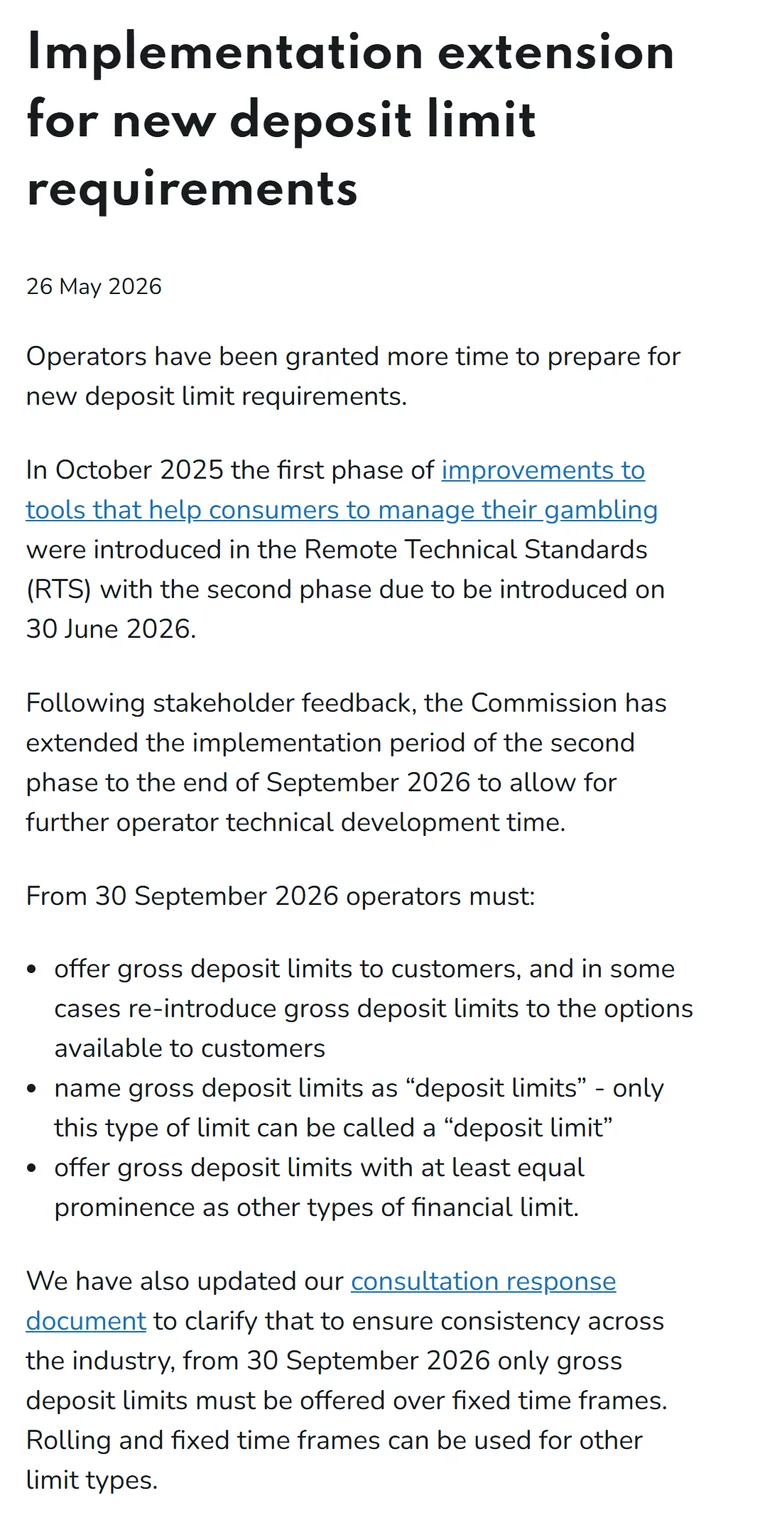 Deposit limits UK: Gambling Commission notice of 26 May 2026 on the new deposit limit rules from 30 September 2026