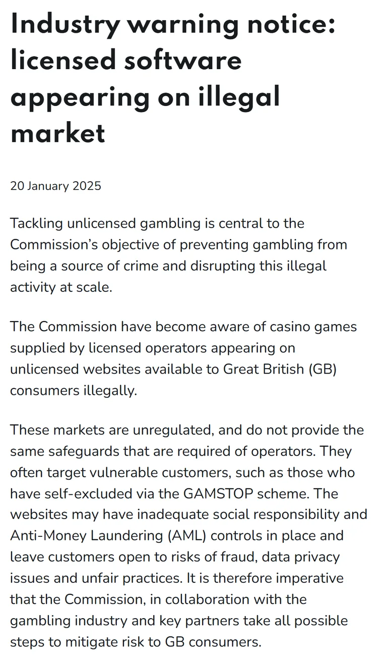 Online casino scams UK: Gambling Commission warning notice, licensed casino games appearing on unlicensed websites, 20 January 2025
