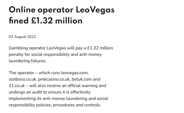 Safe online casinos UK: Gambling Commission notice of 3 August 2022, online operator LeoVegas fined £1.32 million