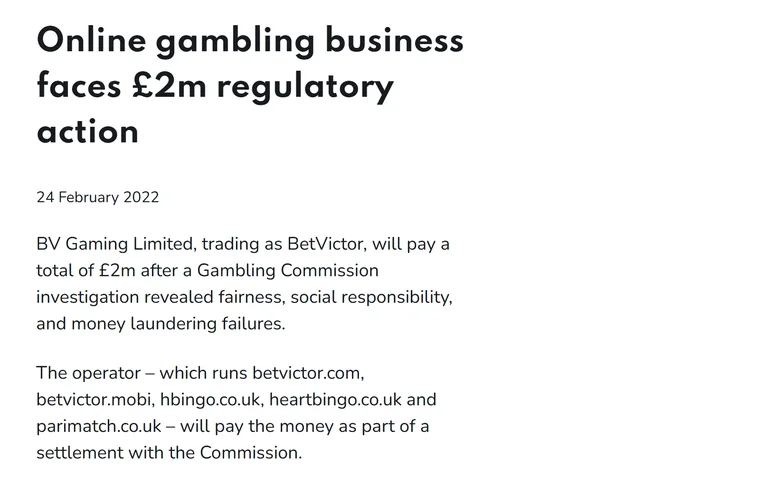 Safe online casinos UK: Gambling Commission notice of 24 February 2022, BV Gaming Limited trading as BetVictor to pay £2m