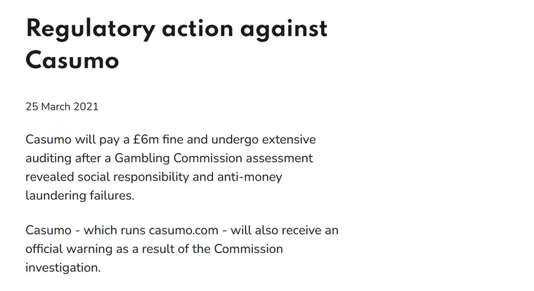Safe online casinos UK: Gambling Commission notice of 25 March 2021, regulatory action against Casumo, £6m fine
