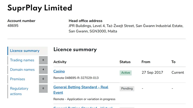 Safe online casinos UK: SuprPlay Limited, operator of Duelz, on the Gambling Commission register, casino licence active since 27 September 2017, 0 regulatory actions