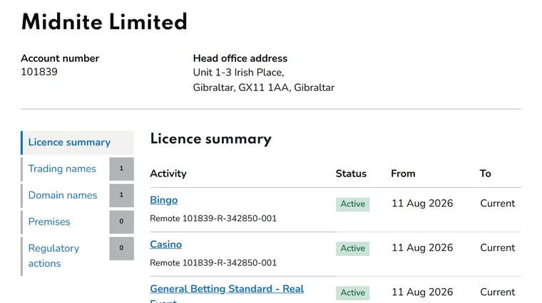 Safe online casinos UK: Midnite Limited on the Gambling Commission register, account 101839, casino licence active since 11 August 2026, 0 regulatory actions