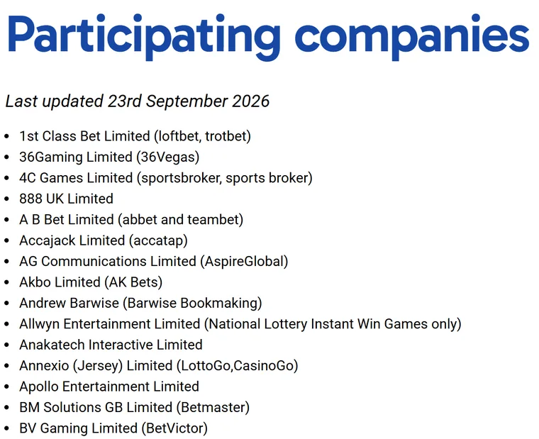 Self-exclusion UK: Gamstop Online participating companies list, last updated 23 September 2026