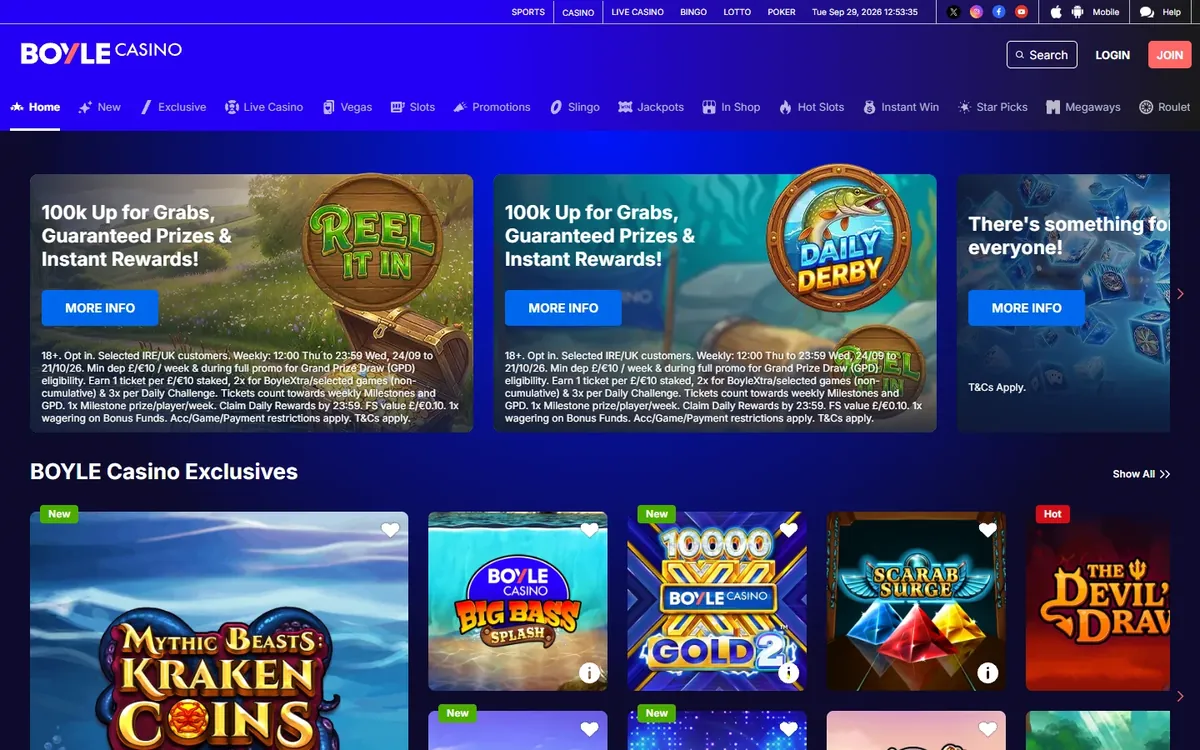 BoyleSports casino review: the BOYLE Casino lobby on a desktop with its exclusive slots