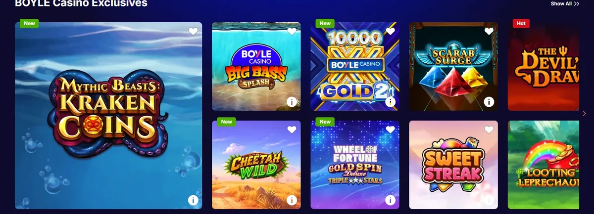 BOYLE Casino Exclusives rail with Mythic Beasts Kraken Coins, BOYLE Casino Big Bass Splash and 10000X Gold 2