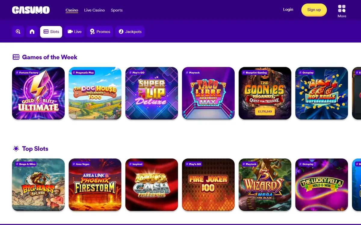 Casumo casino review: the Casumo UK slots lobby on a desktop with Games of the Week and Top Slots