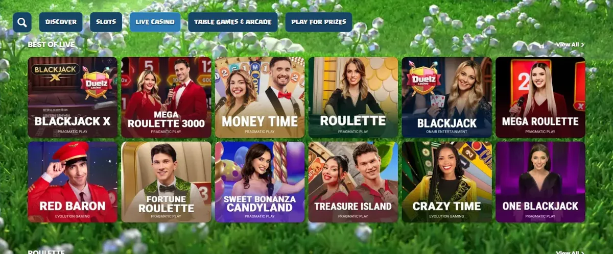Duelz live casino lobby with Blackjack X, Mega Roulette 3000 and Crazy Time