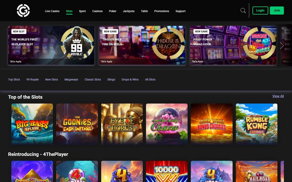 Grosvenor casino review: the slots lobby on a desktop with Big Bass Splash and The Goonies