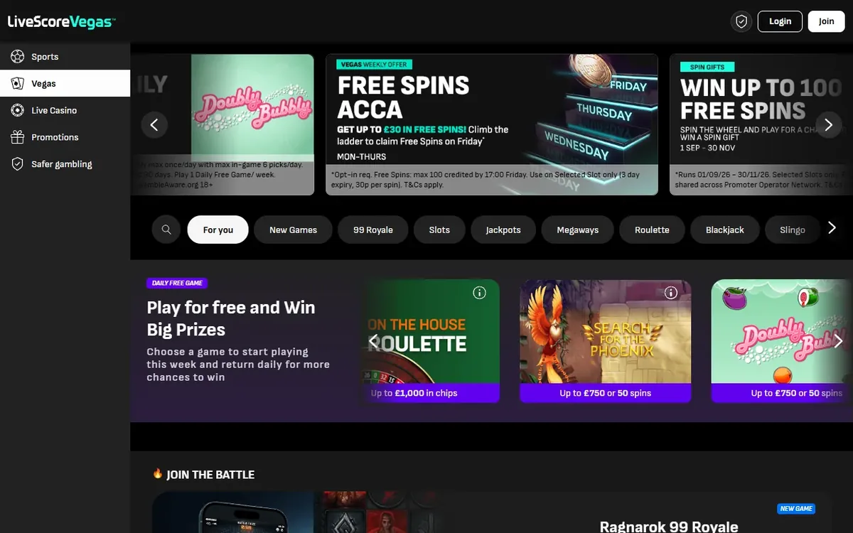LiveScore casino review: the Vegas lobby on a desktop with the Free Spins Acca and Daily Free Game