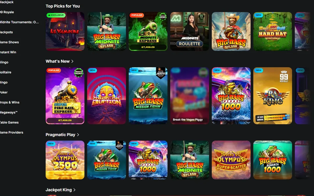 Midnite casino review: the GB casino lobby on a desktop with Big Bass Midnite Splash and Midnite Roulette